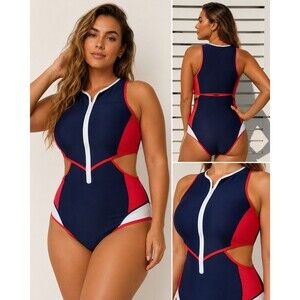Duskii Inspired Swim 2XL Kailua Cut Out Tank Suit Navy Red Athletic Monokini